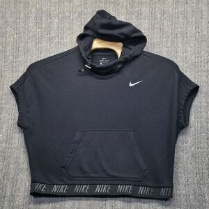 Nike Dri Fit Hoodie Women Large Black Short Sleeve Pullover Funnel Neck Logo Gym